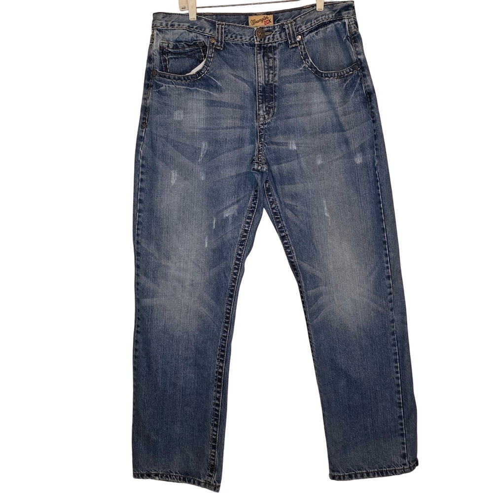 Wrangler 20X Mens Relaxed Fit Light Wash Distressed Denim Jeans Size 36x32 Baggy